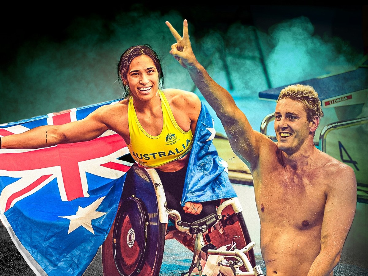 A composite image of two Australian athletes: one, a young woman in a wheelchair holding the Australian flag, and the other, a young man giving the peace sign. He is shirtless.