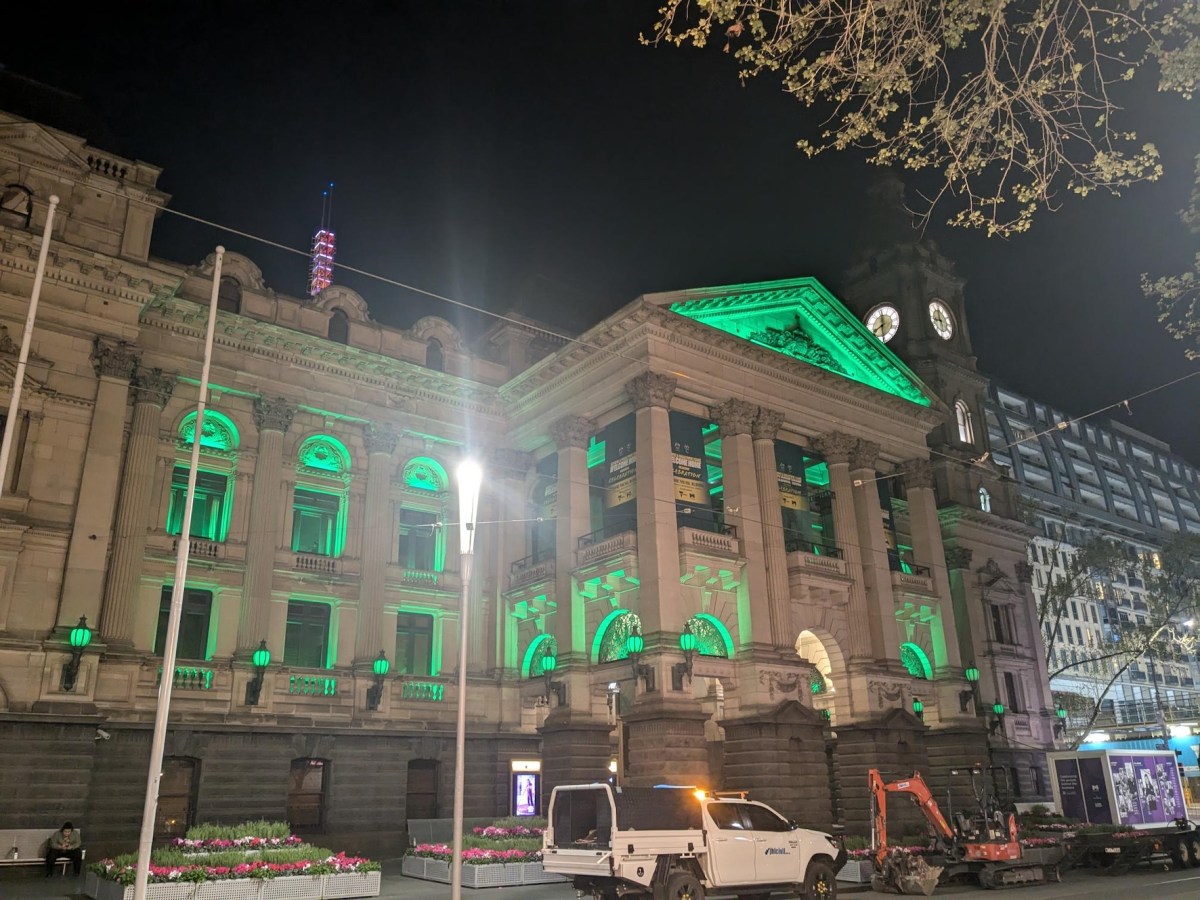 Melbourne Town Hall lit up in support of International Myotonic Dystrophy Awareness Day.