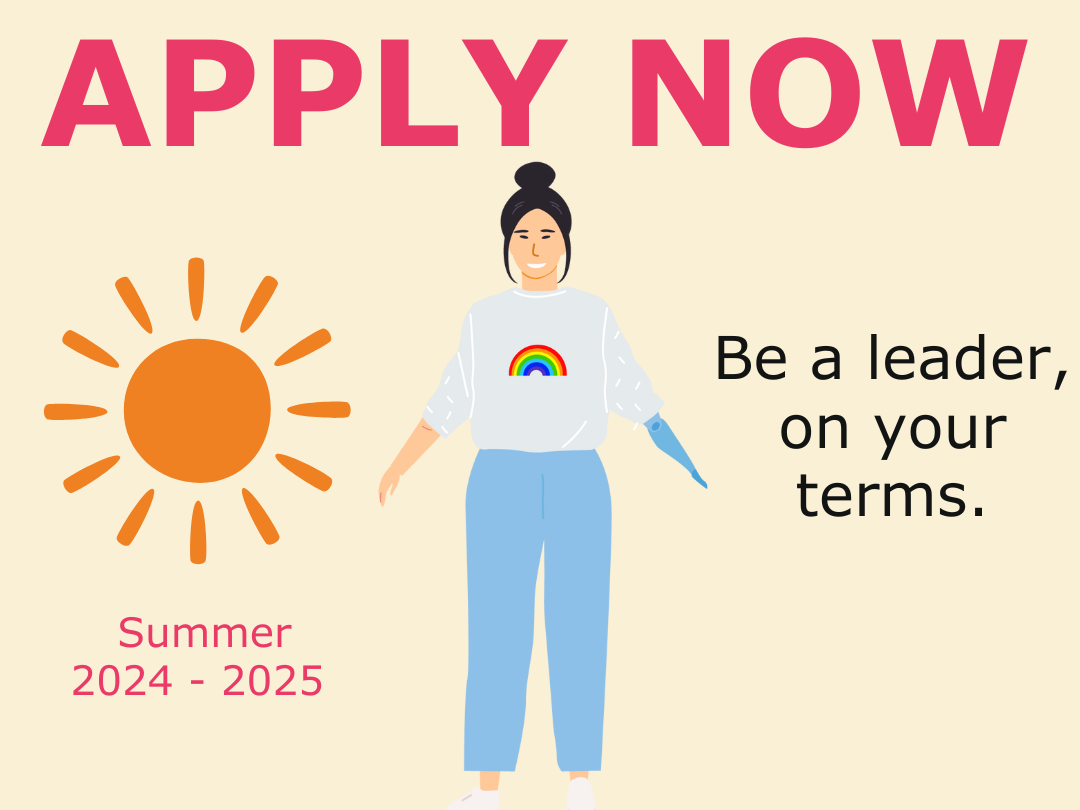 A cartoon style image of a women in blue pants and a white shirt, on a beige background with a sun next to her, with text describing the Enabling Young Women Leadership Program.