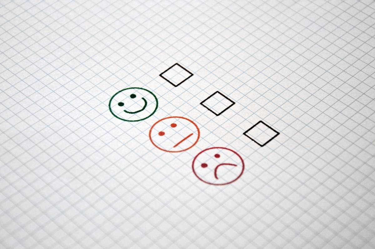 A checklist of three boxes on a piece of paper with a smiley face, neutral face and unhappy face next to the boxes.