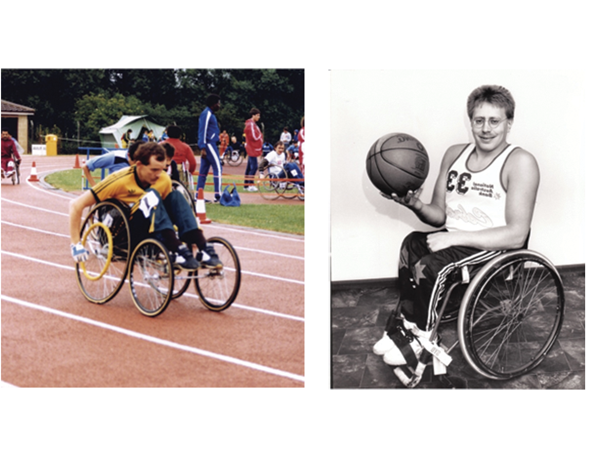 Two Para athletes in a composite image: a man on the left in colour, wearing yellow and gold uniform, in a wheelchair on a racing track, and on the right a black and white image of a man in a wheelchair holding a basketball in one hand.