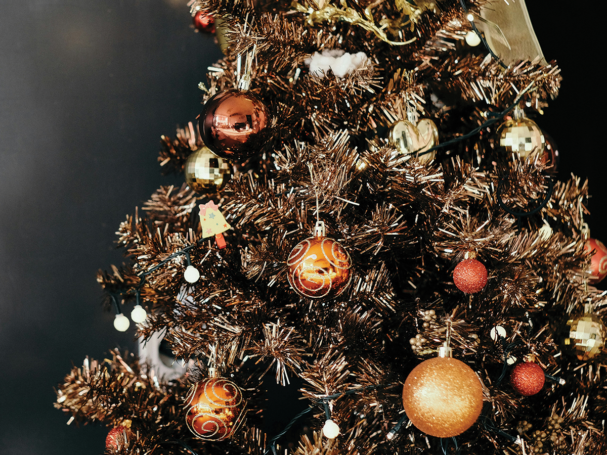 A close-up image of a Christmas tree with shiny, colourful baubles on it.