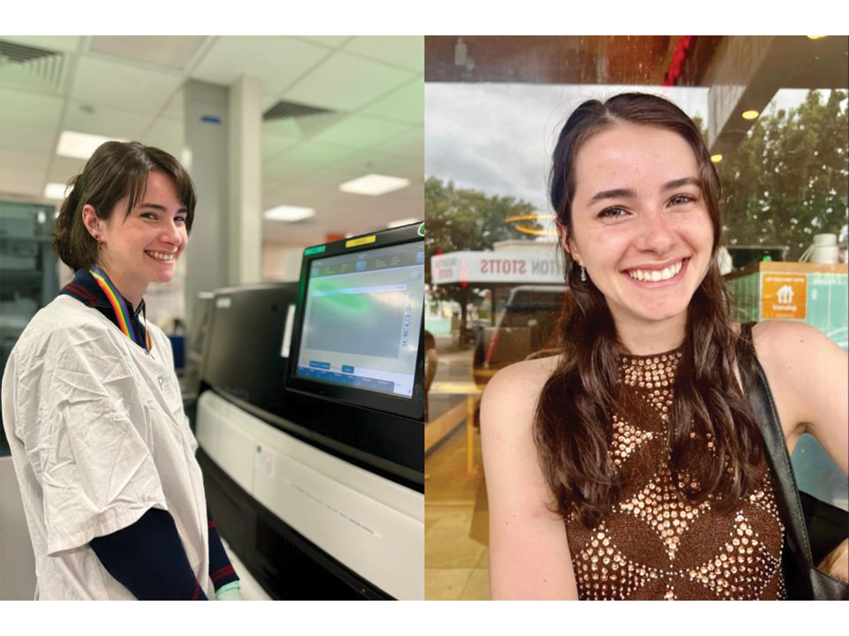 Amy Roland, a young woman with brown hair and pale skin, in two scenarios in a composite image. In one half she is wearing a lab coat in a lab, and in the other, she is wearing a brown top and smiling at the camera.