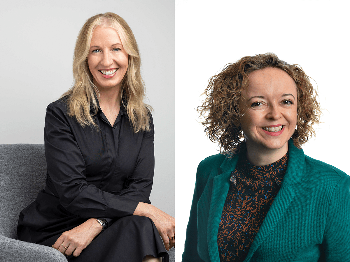 A composite image of two professionally dressed women. The one on the left has shoulder-length blonde hair and is wearing black and seated on a chair, and the lady on the right is wearing an emerald green blazer over black and has curly hair.