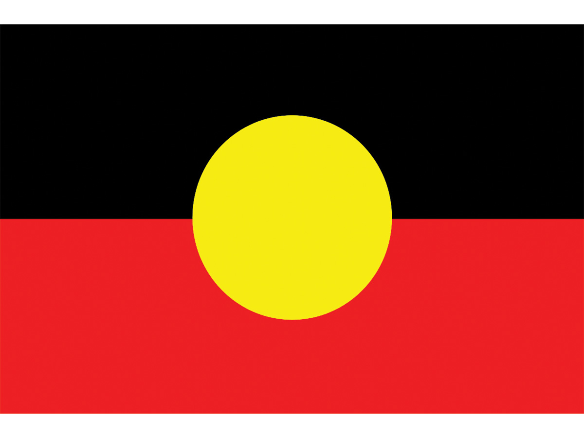 The Australian Aboriginal or First Nations flag, with a red bottom half, black top half and yellow circle in the middle