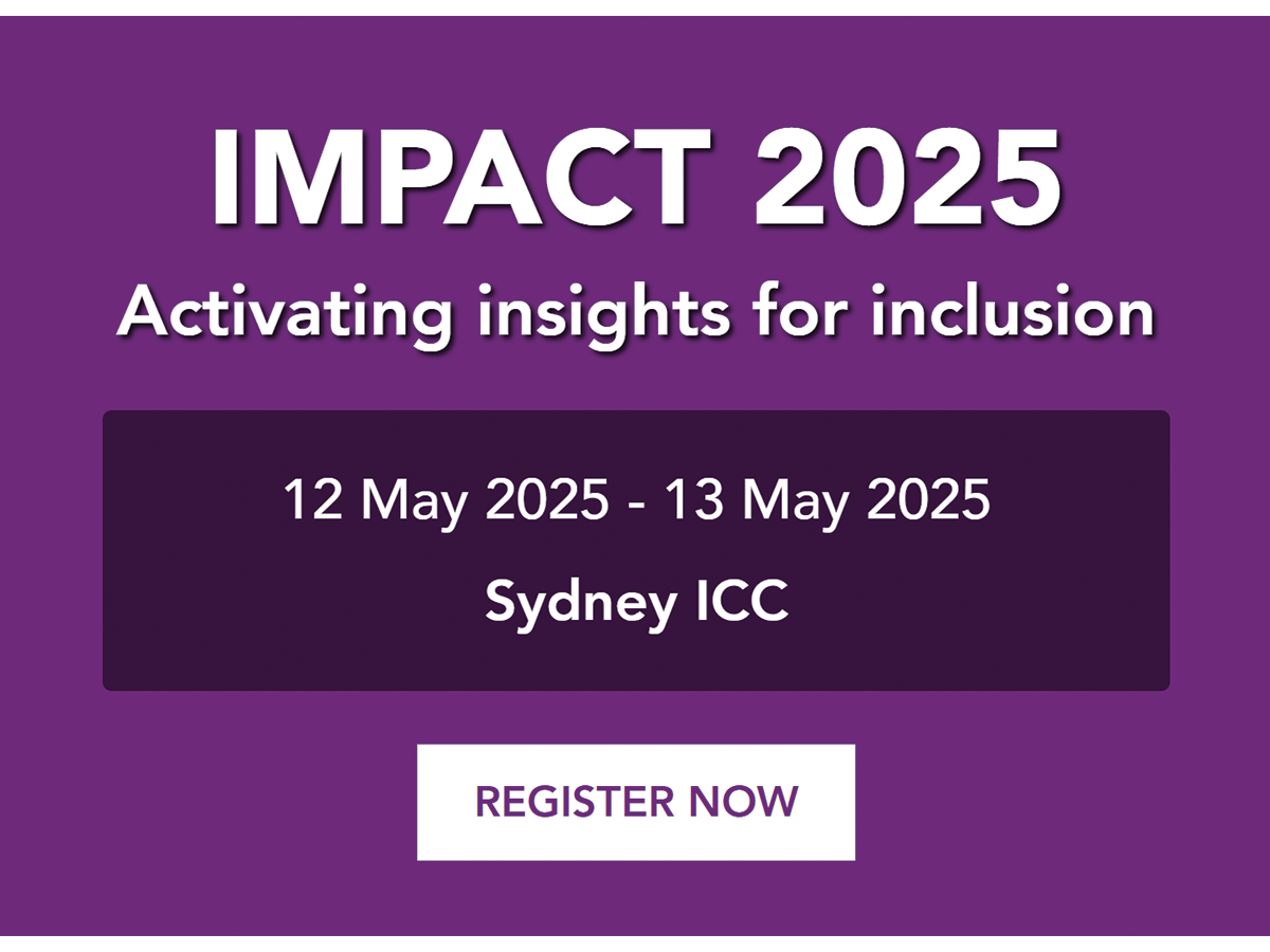 A purple background with white text saying IMPACT 2025 Activating Insights for Inclusion, with a button linking to buy tickets to the conference