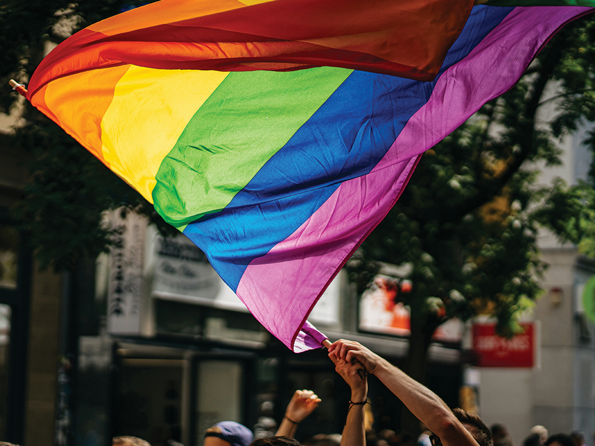 A crowd of people, with one person waving the rainbow LGBT flag.